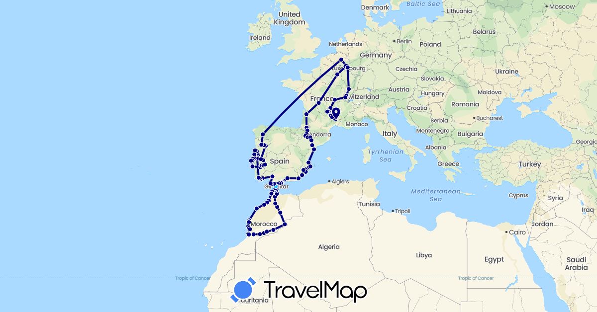 TravelMap itinerary: driving, boat in Belgium, Spain, France, Gibraltar, Luxembourg, Morocco, Portugal (Africa, Europe)